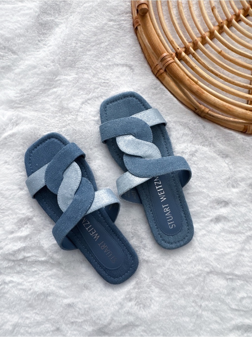 Stuart Weitzman Ibiza Blue Denim Slide Sandals Square Toe Flat Women’s Size 7